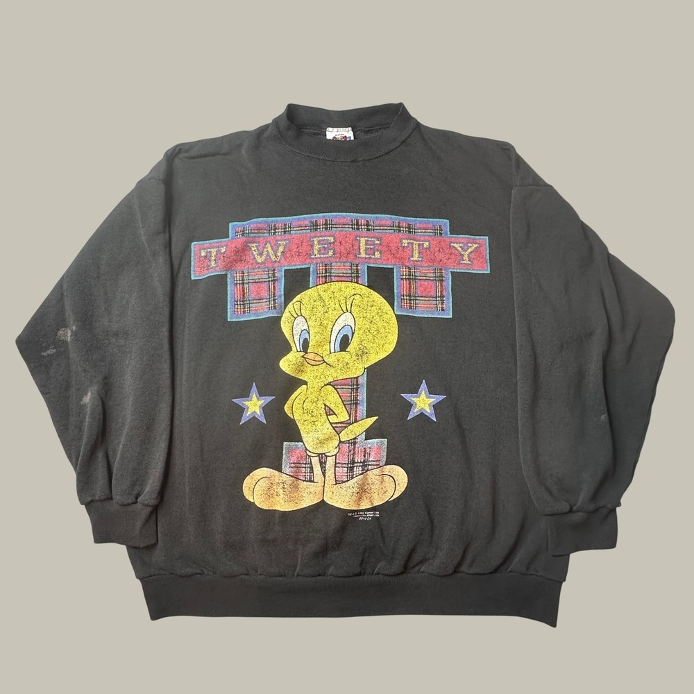 VTG Looney Tunes Sweatshirt Unisex XL Tweety Bird Black 1996 Graphic Jerry Leigh